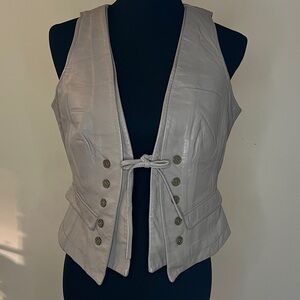 Vintage Light Beige Leather Double Layer Vest Tie-Front Waistcoat Buttons Womens